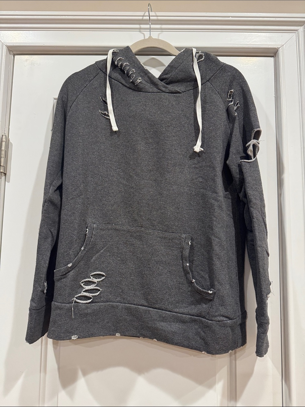 Chelsea DeBoer Distressed Charcoal Gray Hoodie with Drawstrings